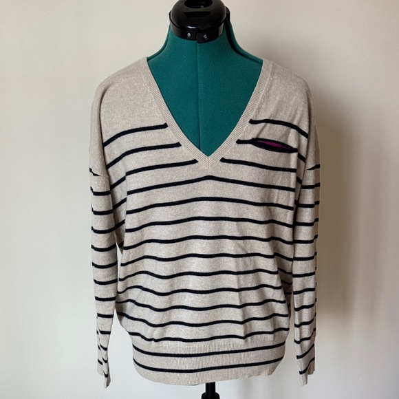 Seaton | 100% Cashmere Striped Pullover V-neck Sweater in Tan | Size S - Picture 2 of 6